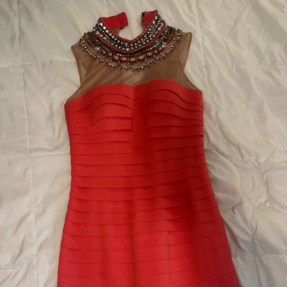 Pink Sherri Hill Bandage dress. Illusion beaded neckline size 8